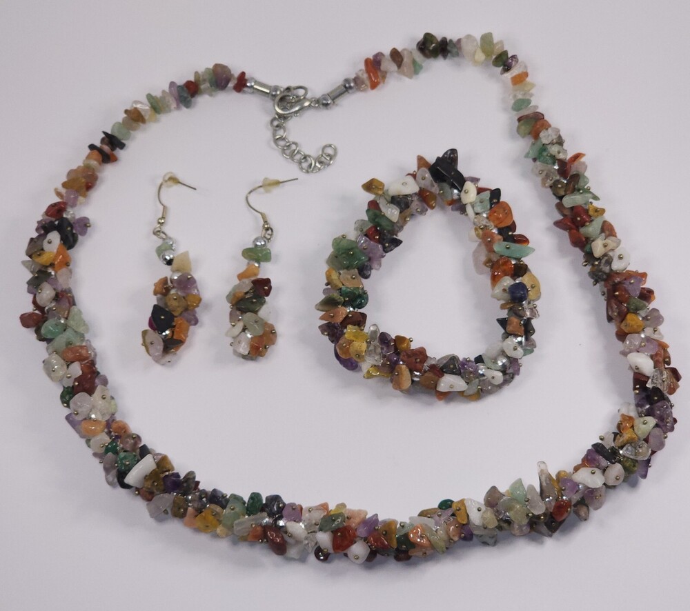 Silver Tone Multi Gemstone Cluster Necklace Earring Bracelet Set